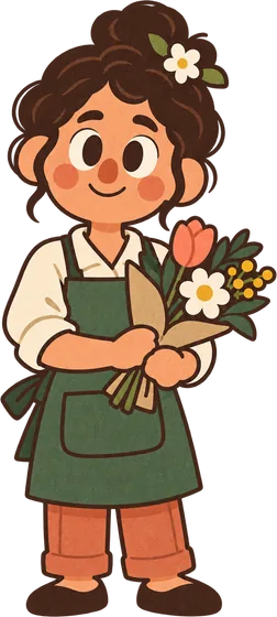 La fleuriste tient un bouquet de tulipes et de marguerites.