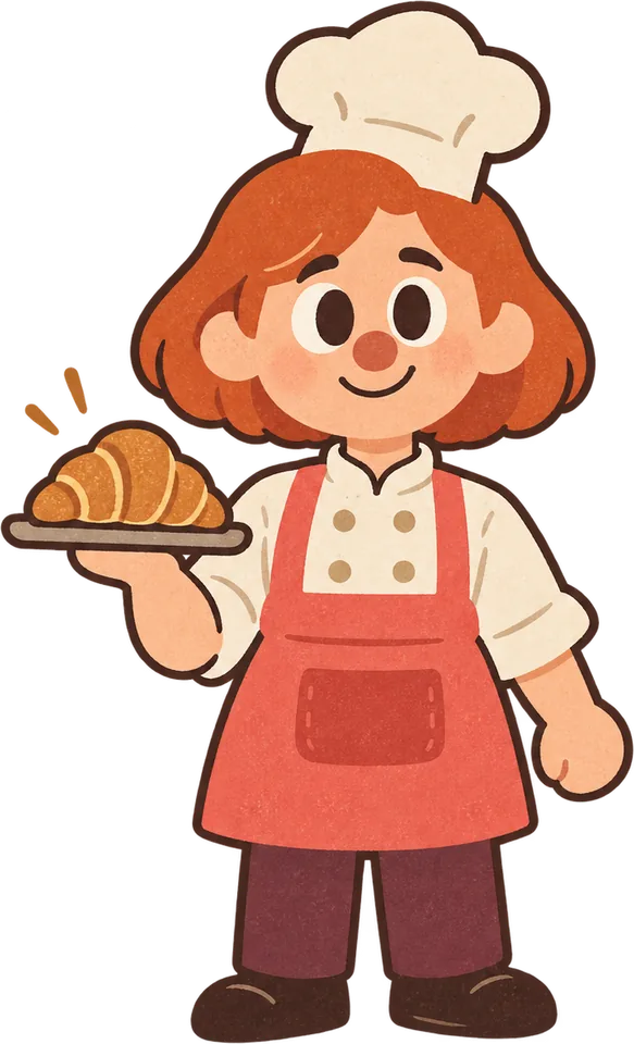 La pâtissière, souriante, présente un croissant sur un plateau.